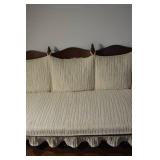 Antique Carved-Wood Settee Sofa - Beige Striped Upholstery, Skirted Base