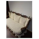 Antique Carved-Wood Settee Sofa - Beige Striped Upholstery, Skirted Base