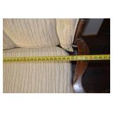 Antique Carved-Wood Settee Sofa - Beige Striped Upholstery, Skirted Base