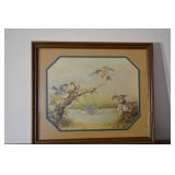 Framed Bird Print with Blue Octagonal Mat - Pond Scene