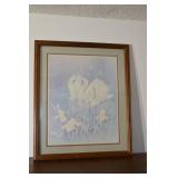 Framed Swan Artwork with Iris Flowers - Soft Blue Tones