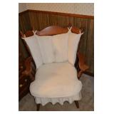 Vintage Oak Armchair with Beige Upholstery and Ruffled Slipcover
