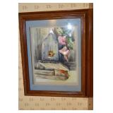 Framed Floral Painting - Pink Roses on Weathered Wood with Blue Mat