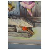 Framed Floral Painting - Pink Roses on Weathered Wood with Blue Mat