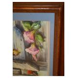 Framed Floral Painting - Pink Roses on Weathered Wood with Blue Mat