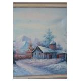 Winter Landscape Painting - Framed Snowy Barn Scene with Mountains