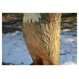 Carved Wooden Eagle Sculpture on Log Pedestal - Totem-Style Outdoor Yard Art, ~6 ft Tall