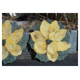 Ceramic Yellow Flower Wall Plaques Set of 3 Garden Decor with Green Leaves