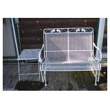 White Wrought Iron Patio Bench & Matching Side Table - Ornate Leaf Design