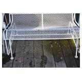 White Wrought Iron Patio Bench & Matching Side Table - Ornate Leaf Design