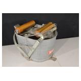 WHITE Galvanized Bucket with Wooden Roller Handles - Vintage Industrial Decor