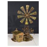 Rusty Metal Windmill Sculpture with Tin House - Vintage Farmyard Decor