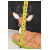 Ceramic Deer Figurine With Antlers - Lying Resin Sculpture, Green Base, About 15 In Long