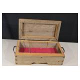 Vintage Wooden Jewelry Box With Red Velvet Interior And Ornate Brass Handle