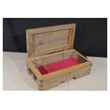 Vintage Wooden Jewelry Box With Red Velvet Interior And Ornate Brass Handle