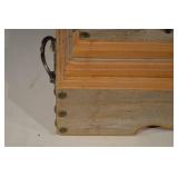 Vintage Wooden Jewelry Box With Red Velvet Interior And Ornate Brass Handle