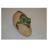 Green Frog Ceramic Figurine on Textured Beige Base with JOY Inscription