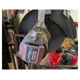 Heavy Duty Cut-Off Saw on Red Pedestal Stand - Industrial Shop Tool