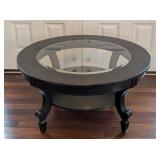 LR - Stylish Round Wood & Glass Coffee Table, Black Finish
