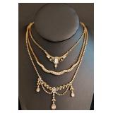 K - Rhinestone Costume Necklace Set - 3-Piece Vintage Gold-Tone