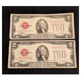 K - Jefferson Red Seal Two Dollar Bills - 1928 Series (D) Federal Reserve Notes (Pair)