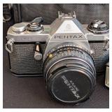 LR - Pentax ME 35mm SLR Camera - 49mm Vivitar Skylight Filter & External Flash & Case