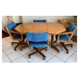 Vintage Oak Octagonal Dining Table w/ 6 Blue Upholstered Chairs