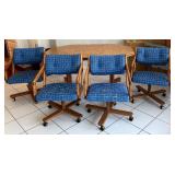 Vintage Oak Octagonal Dining Table w/ 6 Blue Upholstered Chairs