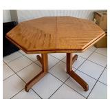 Vintage Oak Octagonal Dining Table w/ 6 Blue Upholstered Chairs