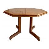 Vintage Oak Octagonal Dining Table w/ 6 Blue Upholstered Chairs