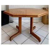 Vintage Oak Octagonal Dining Table w/ 6 Blue Upholstered Chairs