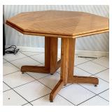 Vintage Oak Octagonal Dining Table w/ 6 Blue Upholstered Chairs