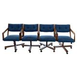 Vintage Oak Octagonal Dining Table w/ 6 Blue Upholstered Chairs