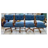 Vintage Oak Octagonal Dining Table w/ 6 Blue Upholstered Chairs