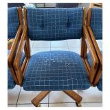 Vintage Oak Octagonal Dining Table w/ 6 Blue Upholstered Chairs