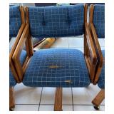 Vintage Oak Octagonal Dining Table w/ 6 Blue Upholstered Chairs