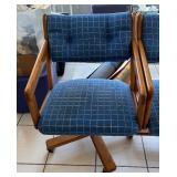 Vintage Oak Octagonal Dining Table w/ 6 Blue Upholstered Chairs