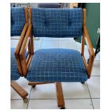 Vintage Oak Octagonal Dining Table w/ 6 Blue Upholstered Chairs