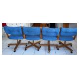 Vintage Oak Octagonal Dining Table w/ 6 Blue Upholstered Chairs