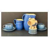 O - Blue Stoneware 8-Piece Set - 2 Pitchers, 2 Mugs, 2 Saucers, 1 Ramekin, Piggy Bank