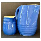 O - Blue Stoneware 8-Piece Set - 2 Pitchers, 2 Mugs, 2 Saucers, 1 Ramekin, Piggy Bank