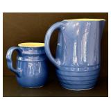 O - Blue Stoneware 8-Piece Set - 2 Pitchers, 2 Mugs, 2 Saucers, 1 Ramekin, Piggy Bank