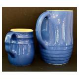 O - Blue Stoneware 8-Piece Set - 2 Pitchers, 2 Mugs, 2 Saucers, 1 Ramekin, Piggy Bank