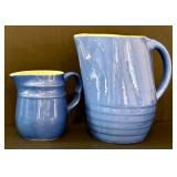 O - Blue Stoneware 8-Piece Set - 2 Pitchers, 2 Mugs, 2 Saucers, 1 Ramekin, Piggy Bank