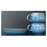 O - Blue Stoneware 8-Piece Set - 2 Pitchers, 2 Mugs, 2 Saucers, 1 Ramekin, Piggy Bank