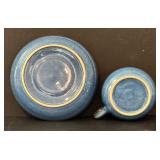 O - Blue Stoneware 8-Piece Set - 2 Pitchers, 2 Mugs, 2 Saucers, 1 Ramekin, Piggy Bank