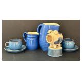 O - Blue Stoneware 8-Piece Set - 2 Pitchers, 2 Mugs, 2 Saucers, 1 Ramekin, Piggy Bank