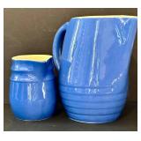 O - Blue Stoneware 8-Piece Set - 2 Pitchers, 2 Mugs, 2 Saucers, 1 Ramekin, Piggy Bank
