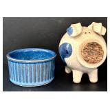 O - Blue Stoneware 8-Piece Set - 2 Pitchers, 2 Mugs, 2 Saucers, 1 Ramekin, Piggy Bank