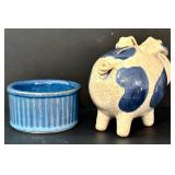 O - Blue Stoneware 8-Piece Set - 2 Pitchers, 2 Mugs, 2 Saucers, 1 Ramekin, Piggy Bank